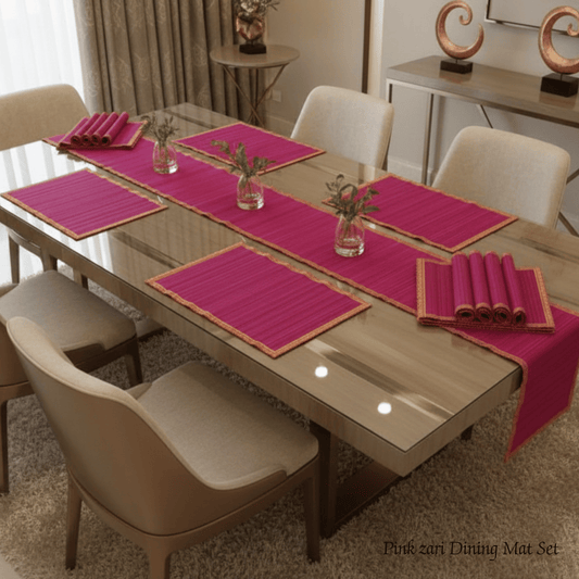 Zari Series | Bamboo Table Runner with Placemats - Pink with Rose Zari Finish