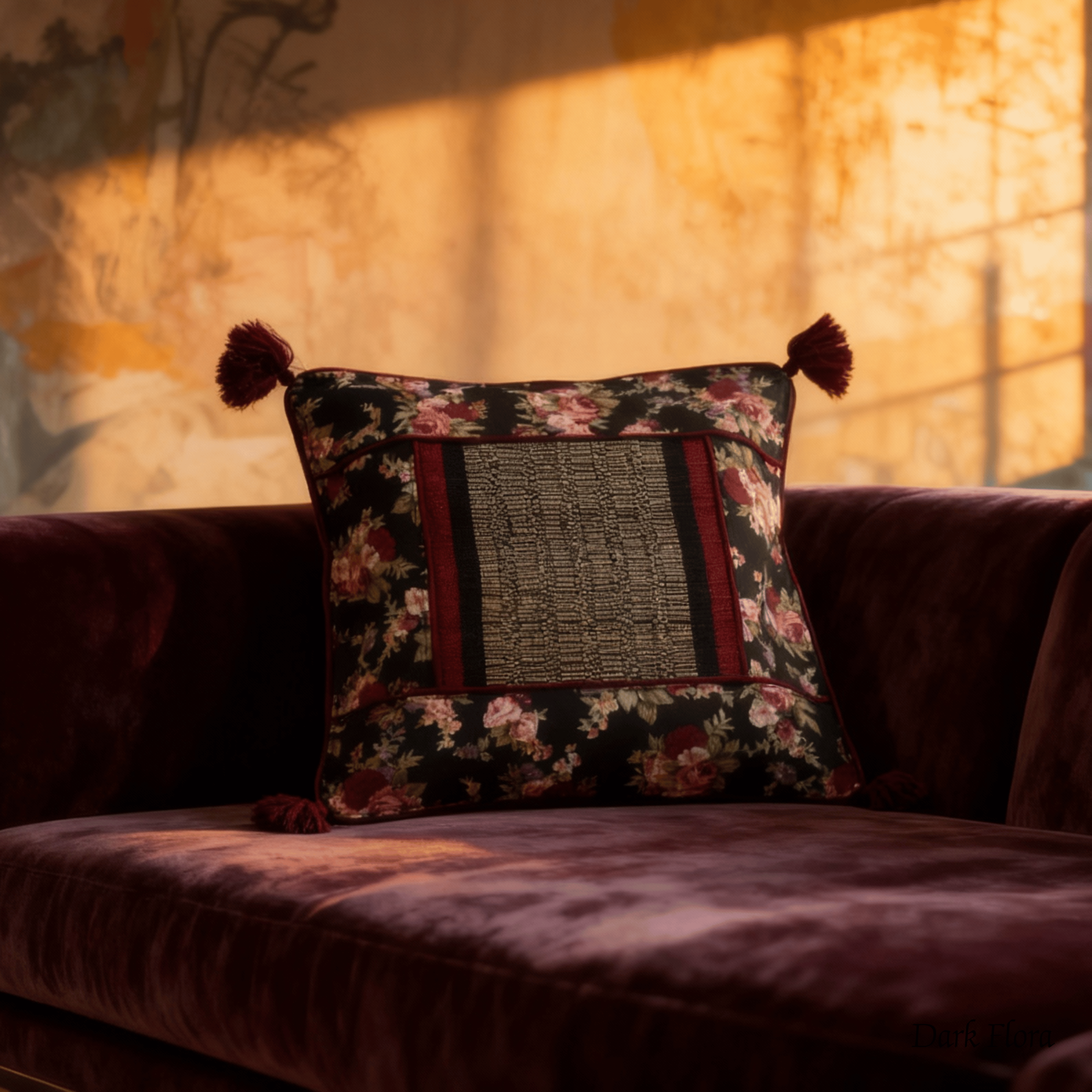 After Wait | Bamboo Cushion Cover – Vintage Floral Canvas with Red Funde image 1