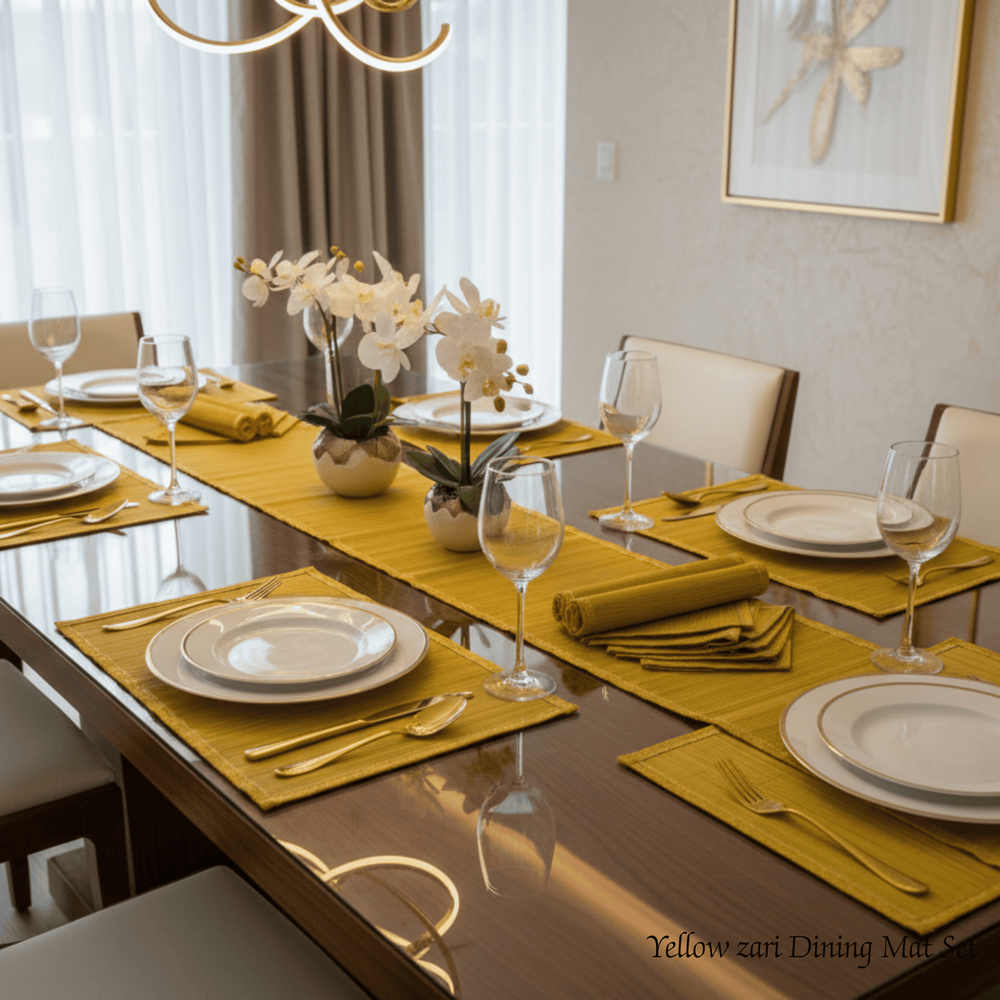 Zari Series | Bamboo Table Runner with Placemats - Sun Yellow with Canary Zari Weave