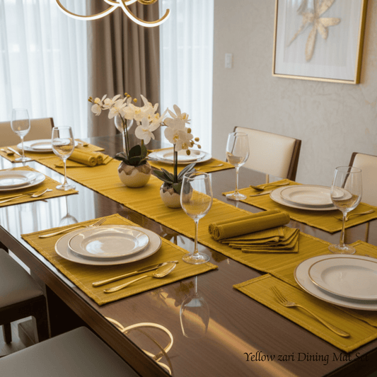 Zari Series | Bamboo Table Runner with Placemats - Sun Yellow with Canary Zari Weave
