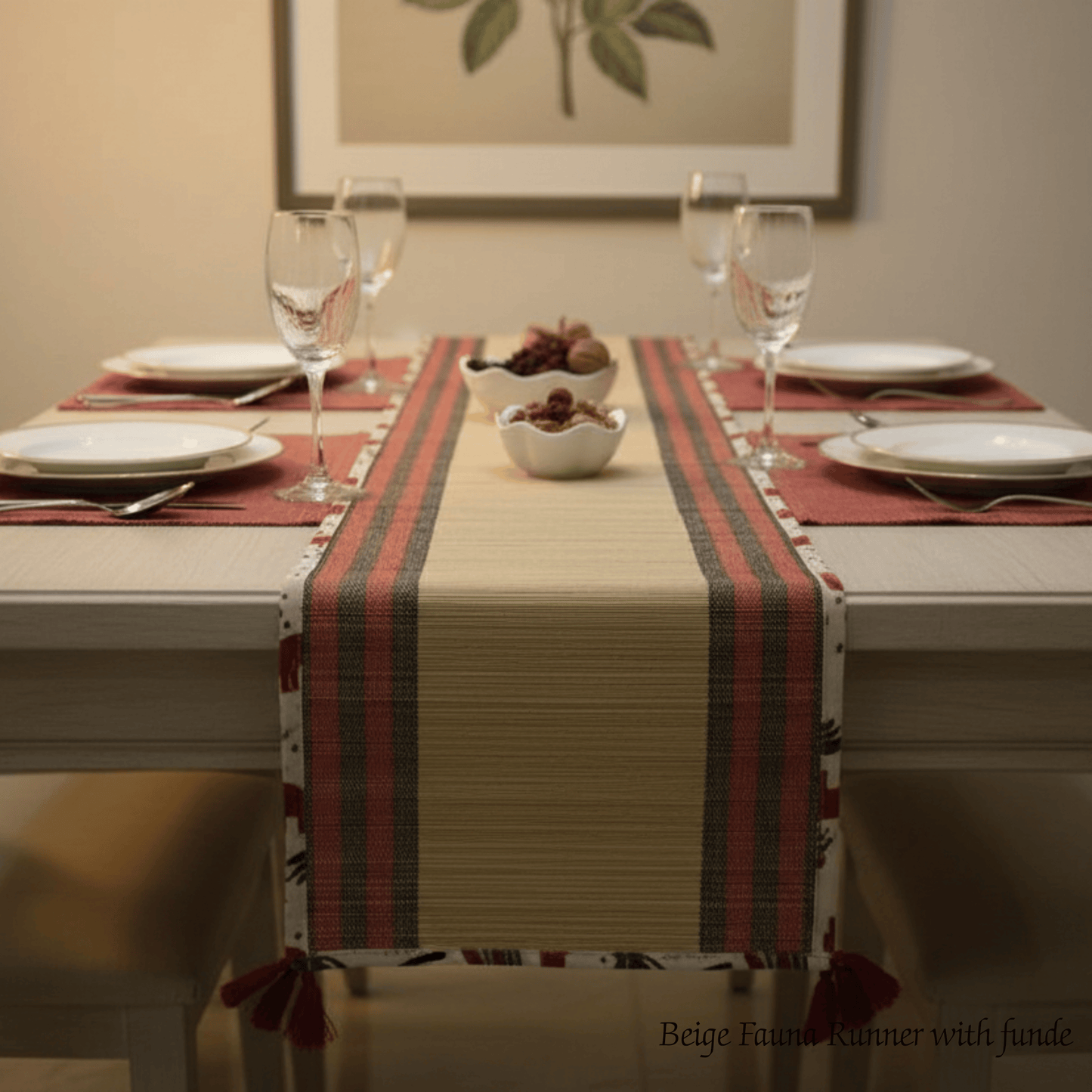 After Wait | Bamboo Table Runner – Elephant Print Canvas Border with Red Funde