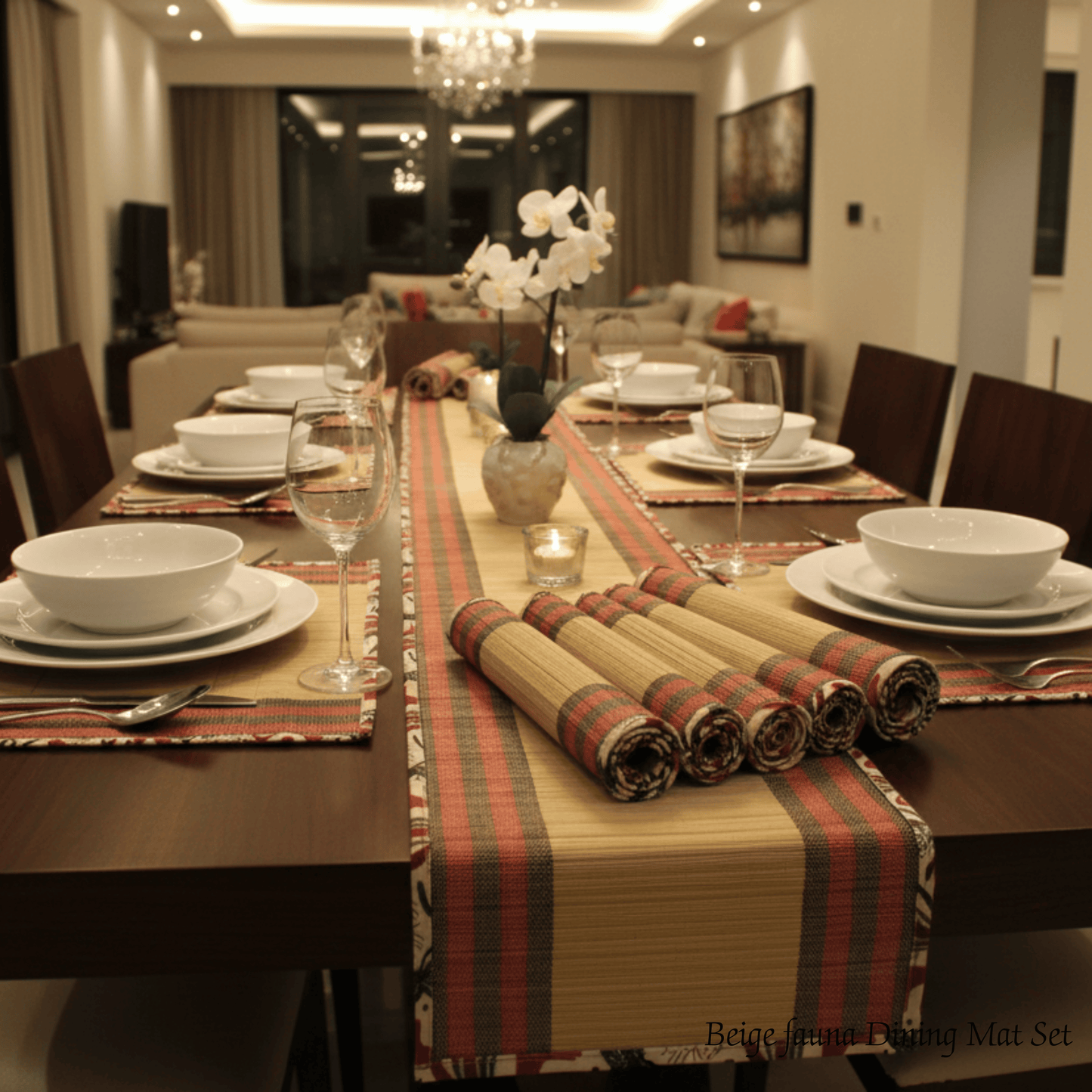 After Wait | Bamboo Table Runner with Placemat - Rustic Elephant Border