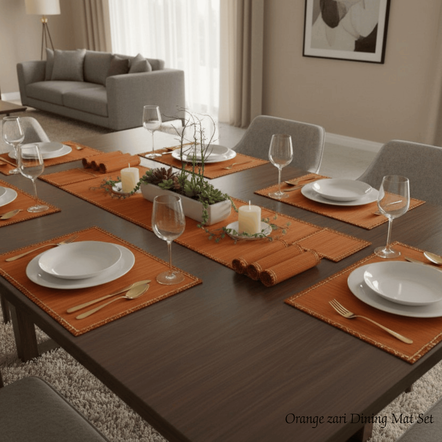 Zari Series | Bamboo Table Runner with Placemats - Orange with Marigold Zari Accents