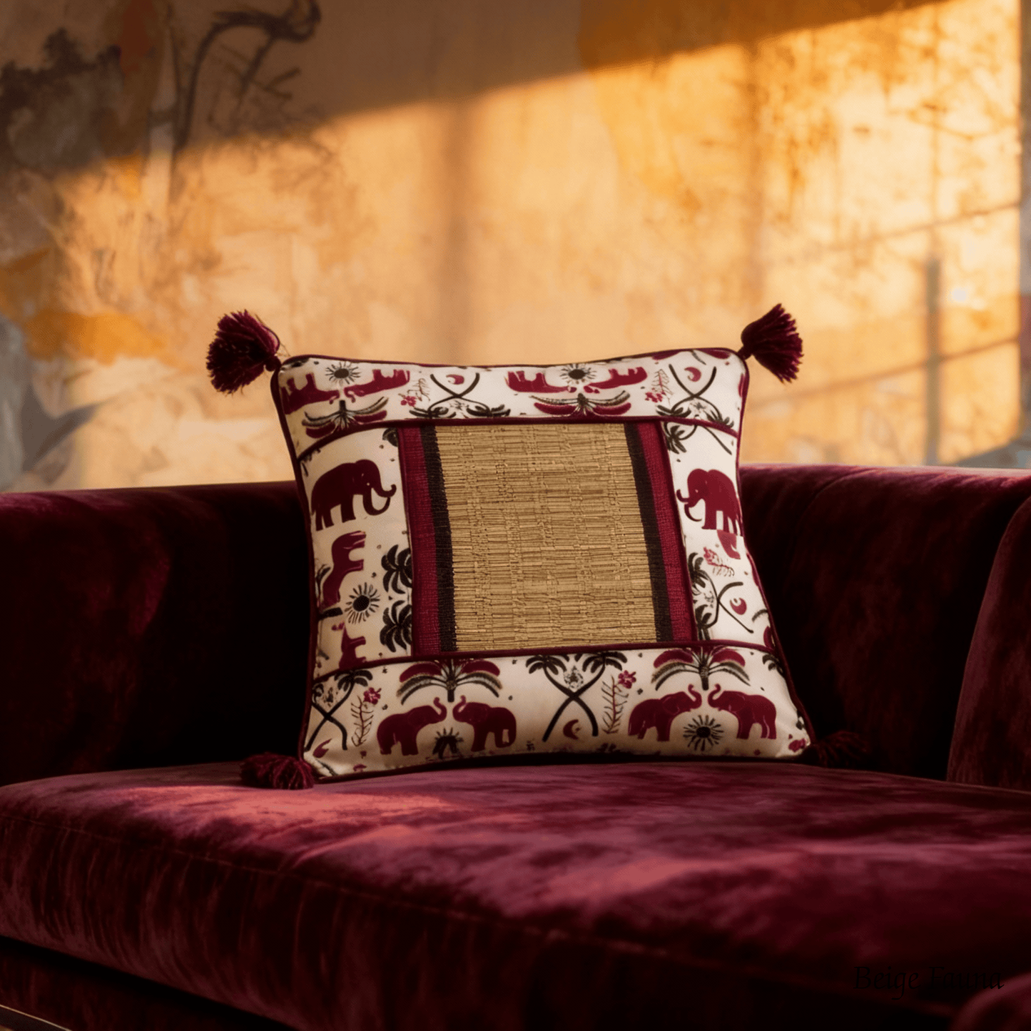 After Wait | Bamboo Cushion Cover – Tribal Elephant Print with Red Funde