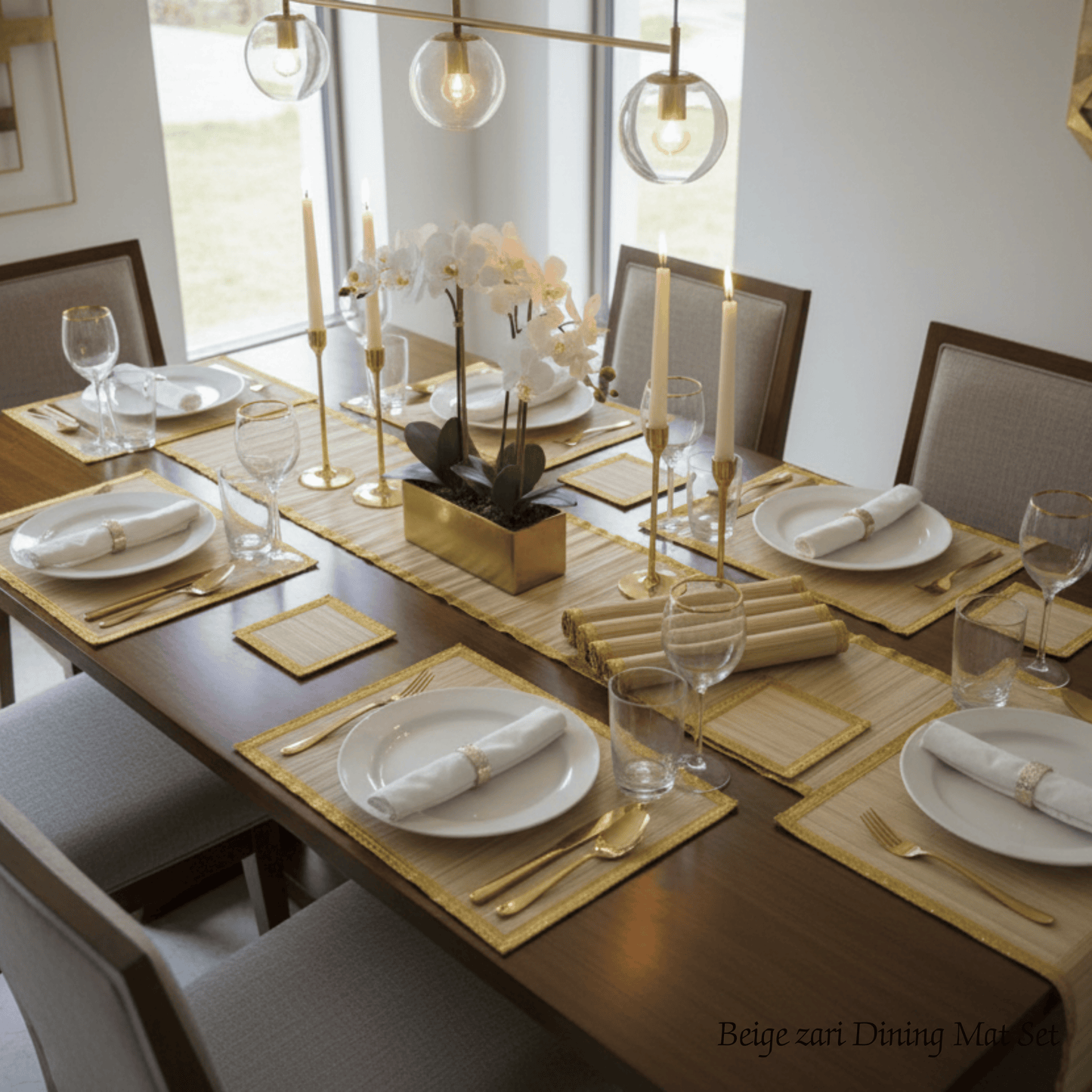 Zari Series | Bamboo Table Runner with Placemat - Beige Luxe with Sand Gold